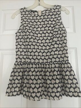 Sleeveless Black and White Heart-Print Peplum Top 100% Cotton XS